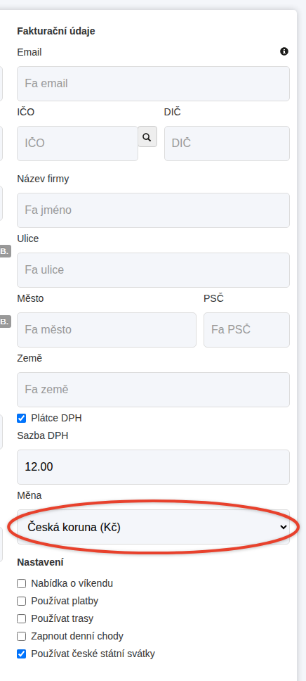 Profil provozovatele, část Fakturační údaje: pole Měna pod sazbou DPH